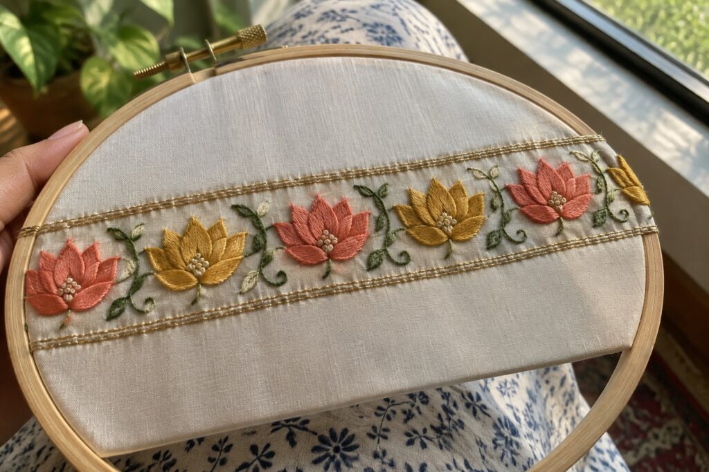 A wooden embroidery hoop holds ivory fabric with a horizontal border of coral and yellow flowers, green leaves, and gold-toned lines.