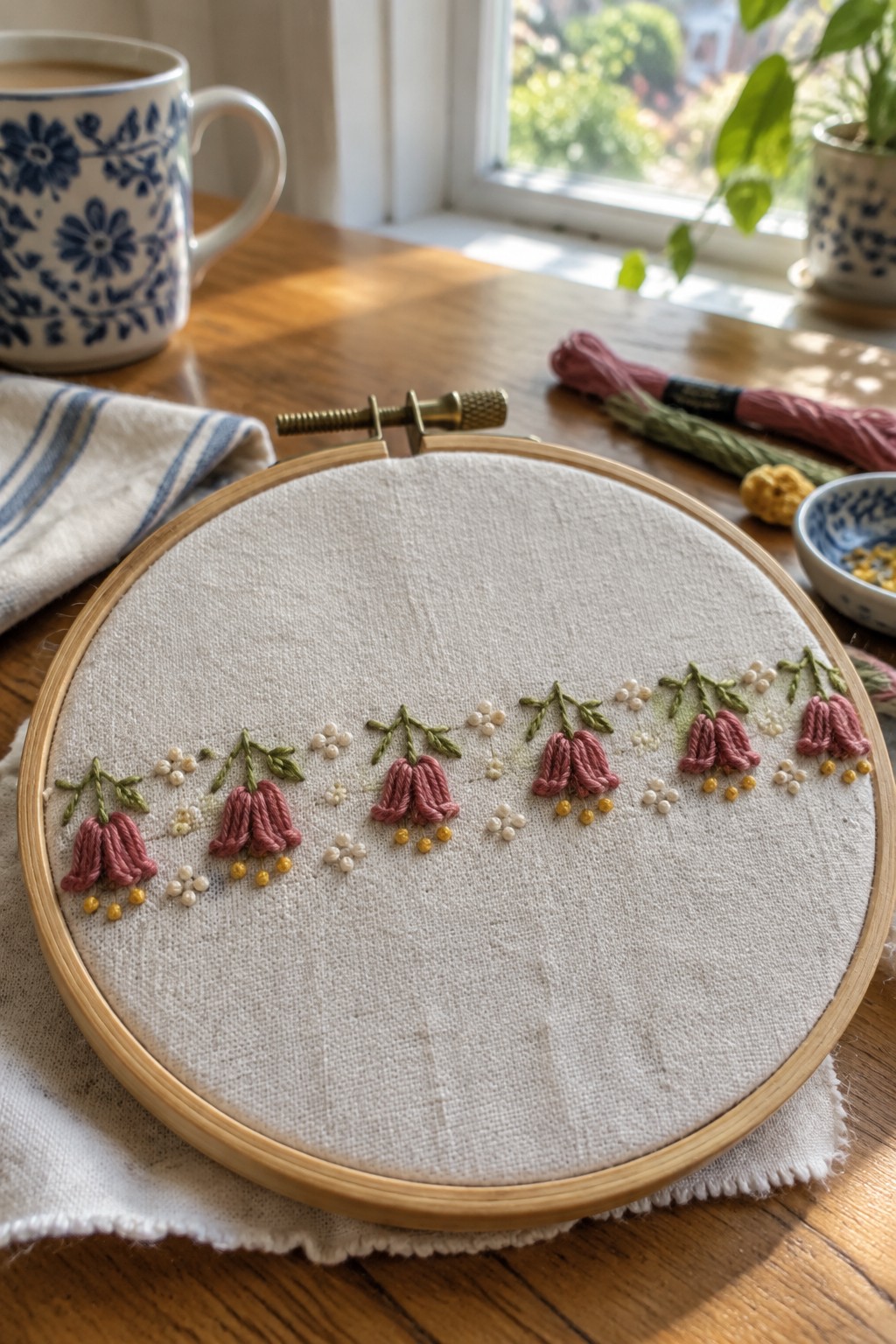 Pink bell flowers, green leaves, and pale buds embroidered in a curved row on fabric held in a wooden hoop.