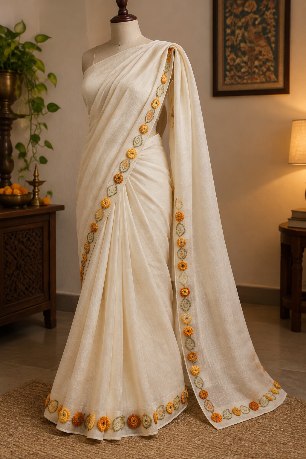 Ivory saree on a mannequin with repeating orange flowers and gold outlined motifs embroidered along the border.