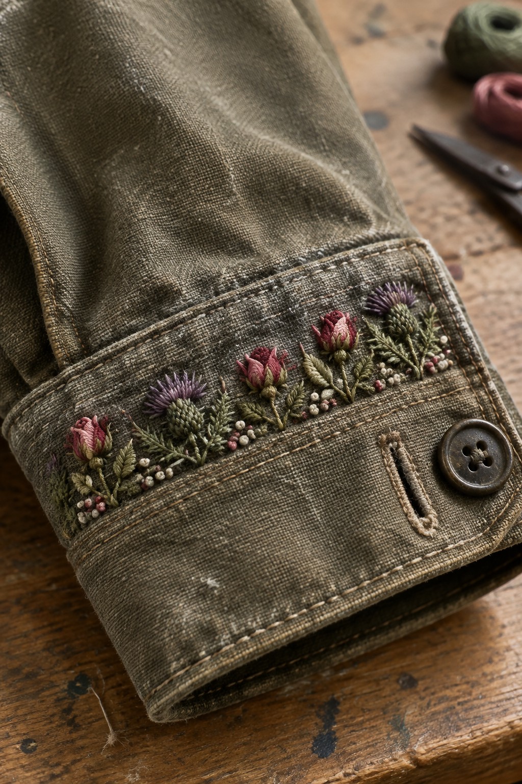 Embroidered pink, purple, and cream flowers with green leaves form a border across an olive-brown fabric cuff with a button and buttonhole.