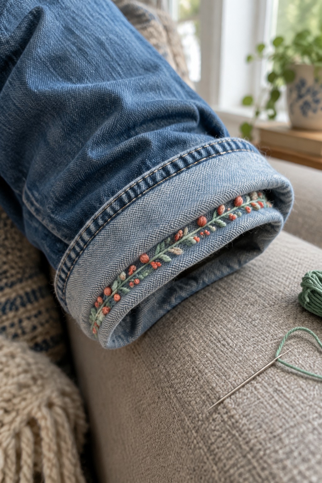 A rolled denim cuff with a narrow coral and sage floral embroidery border.