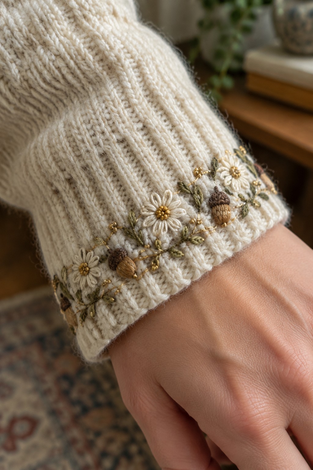 A cream knitted sleeve cuff embroidered with white daisies, green leaves, gold accents, and small brown acorns.