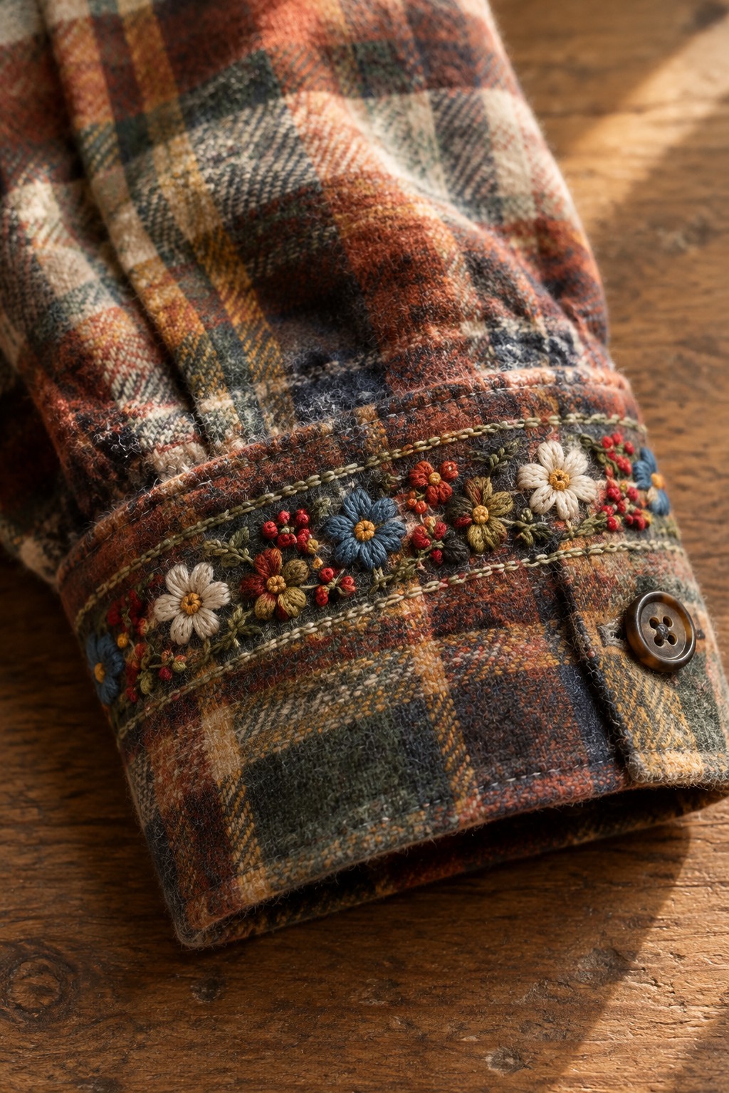 A plaid shirt cuff with a narrow embroidered border of colorful flowers and leaves, finished with a brown button.