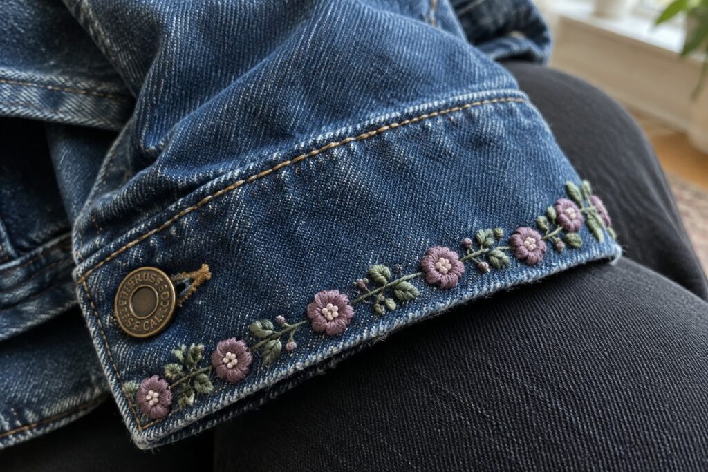 18 Sleeve-Cuff Embroidery Border Designs With Compact Floral Motifs A blue denim jacket cuff embroidered with a border of pink flowers and green leaves.