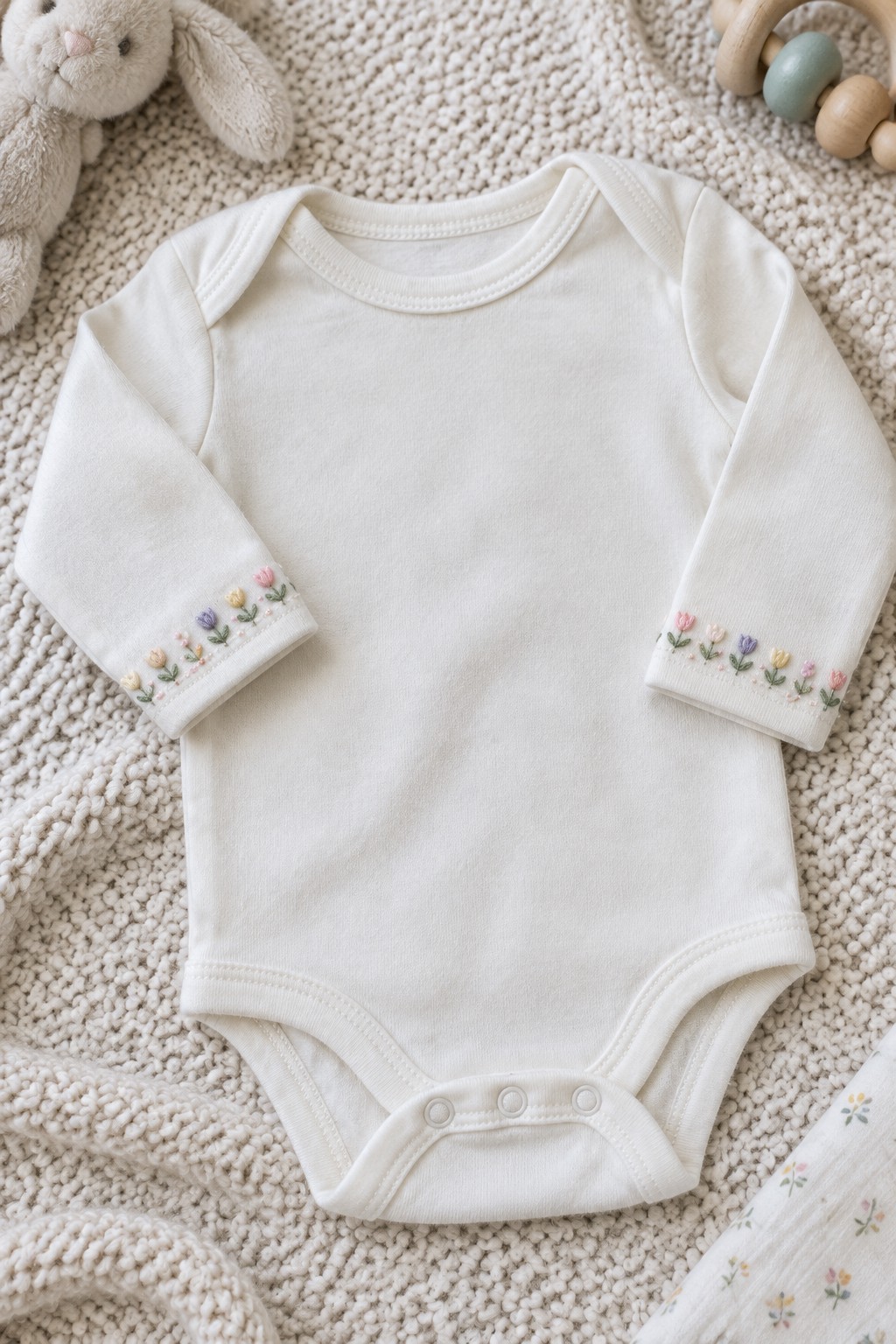 White long-sleeved baby bodysuit with small pastel flower embroidery along both cuffs, arranged on a knitted blanket beside a plush bunny and wooden toy.