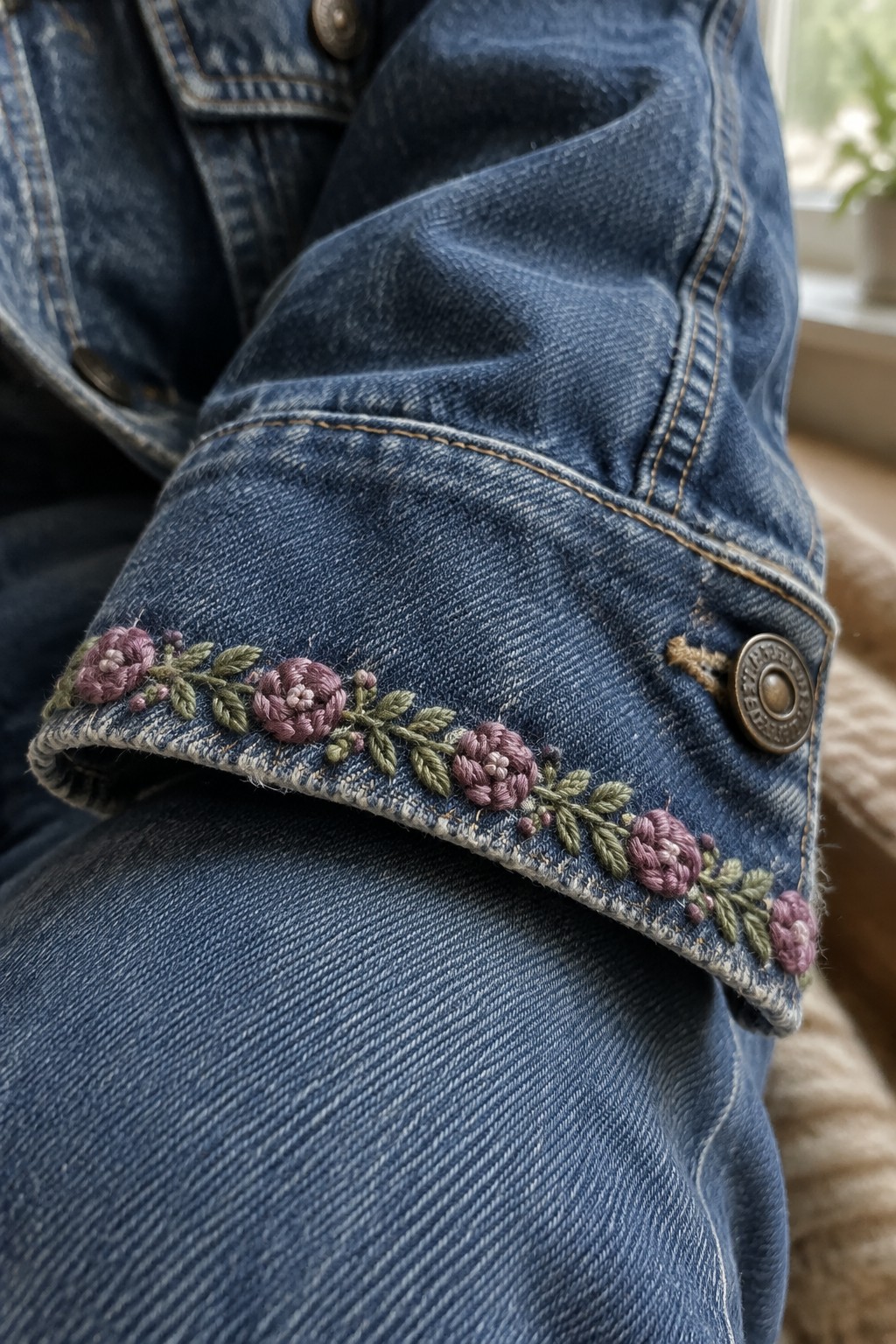 A blue denim jacket cuff embroidered with a border of pink flowers and green leaves.