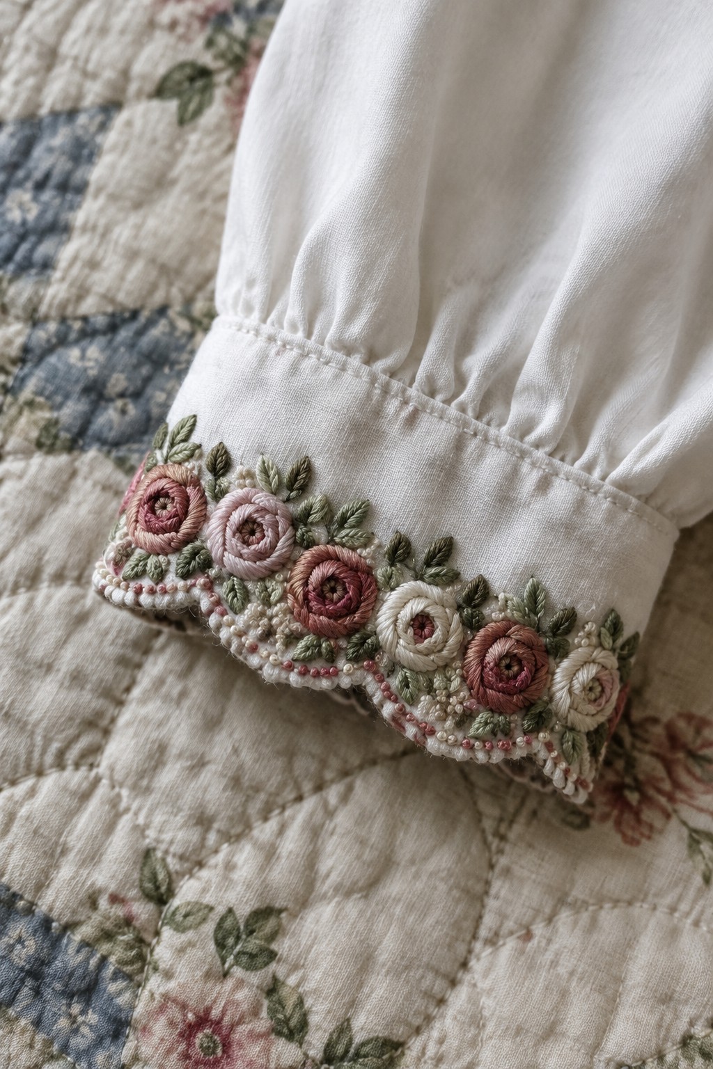Raised pink and cream roses with green leaves and bead-like trim embroidered along an ivory sleeve cuff.
