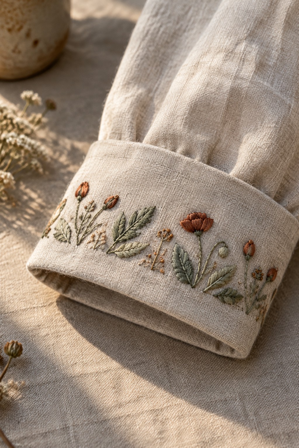 A beige linen cuff embroidered with small rust-colored flowers and green leaves.