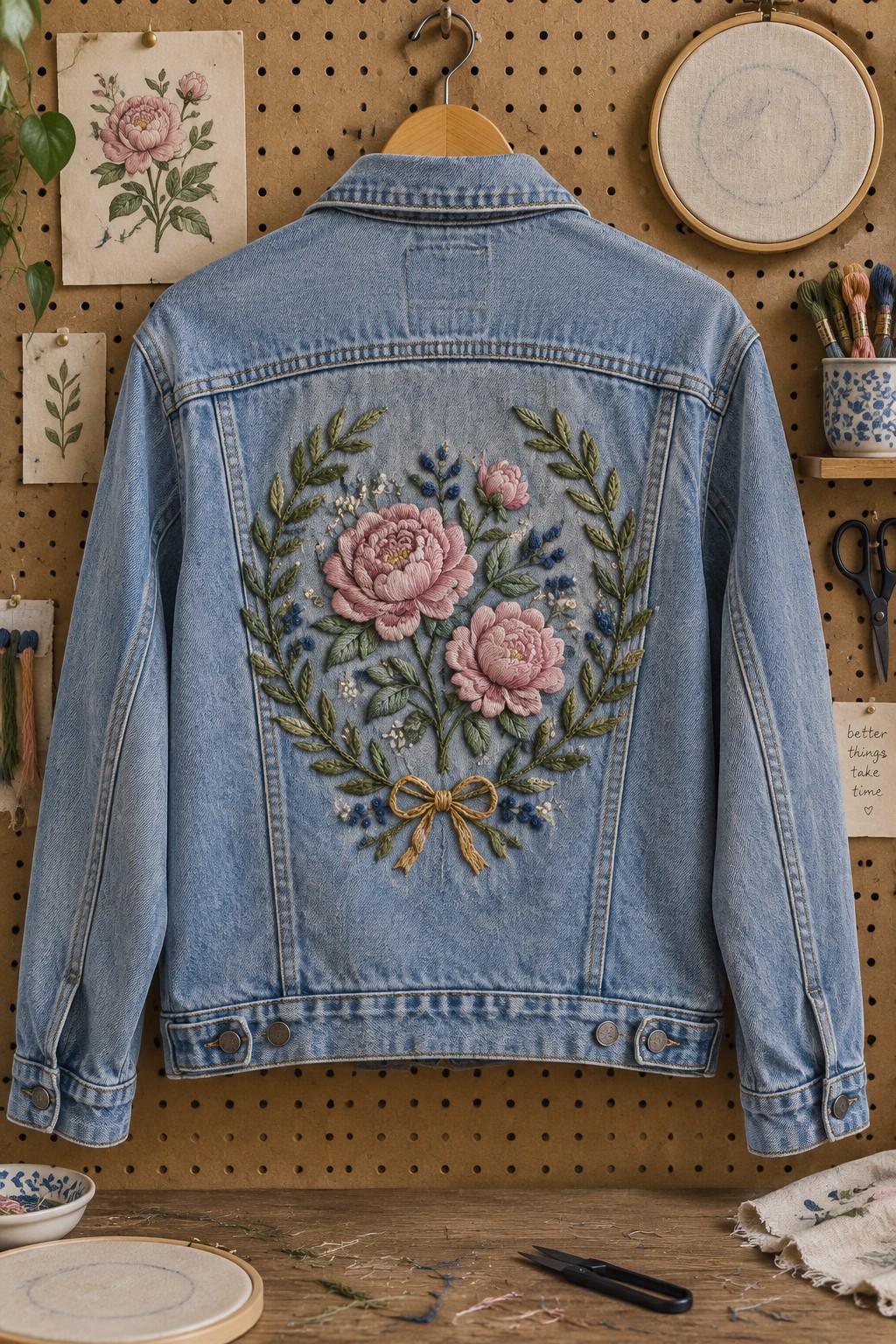 A denim jacket with a pink peony wreath embroidered across the back.