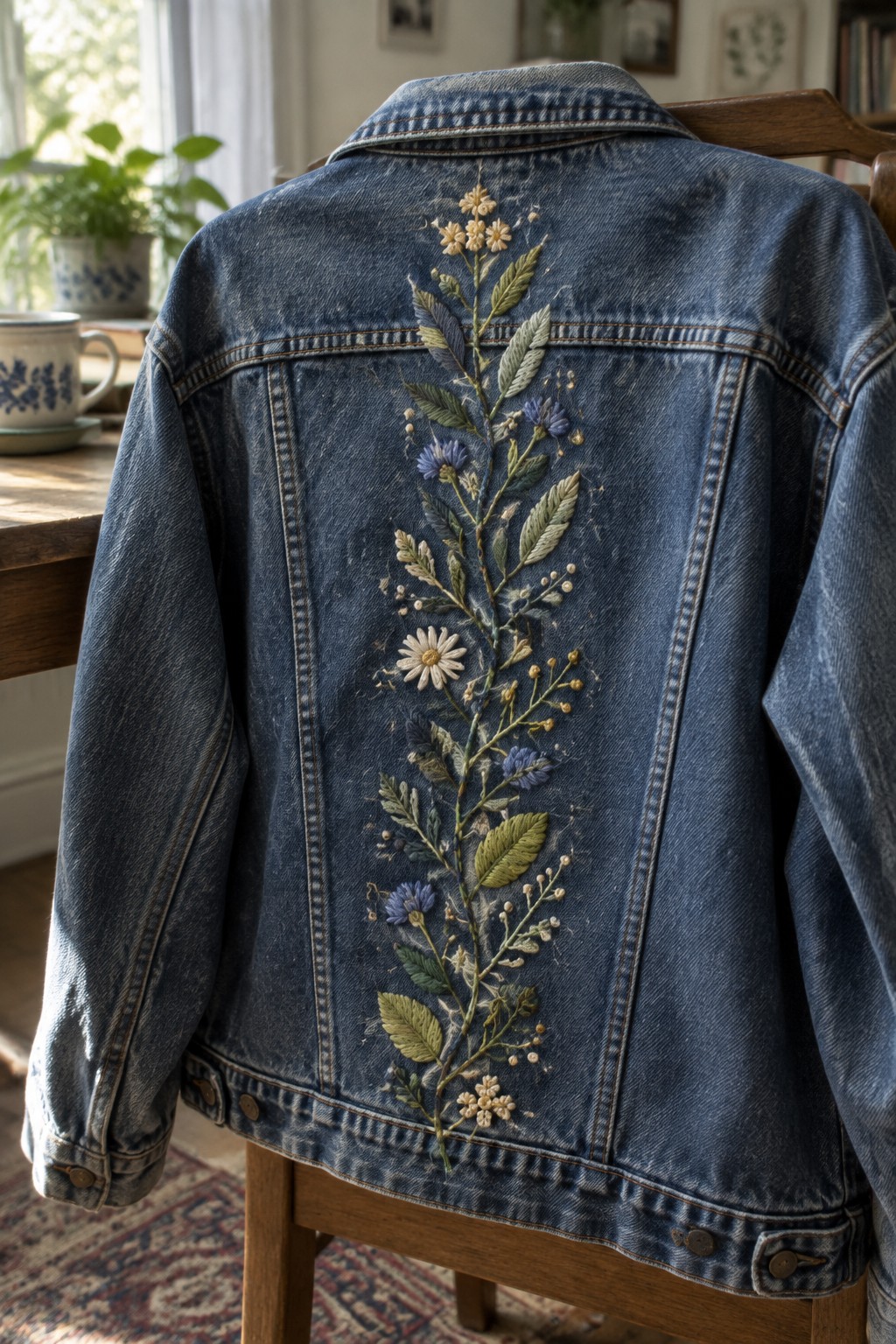 A blue denim jacket on a wooden chair has a vertical embroidered wildflower branch down the center of its back.