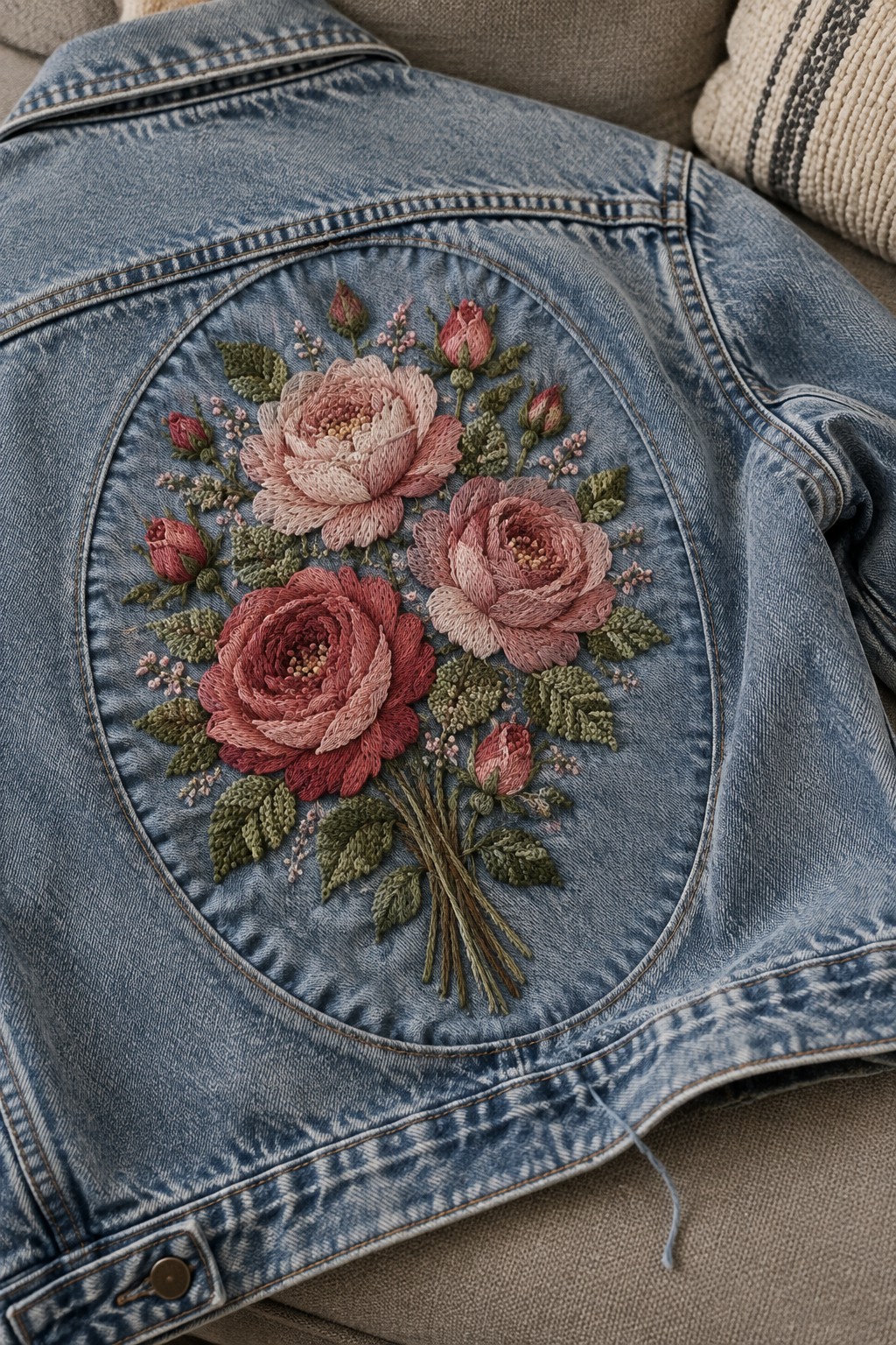 A denim jacket with a large embroidered bouquet of pink roses and green leaves inside an oval on the back.