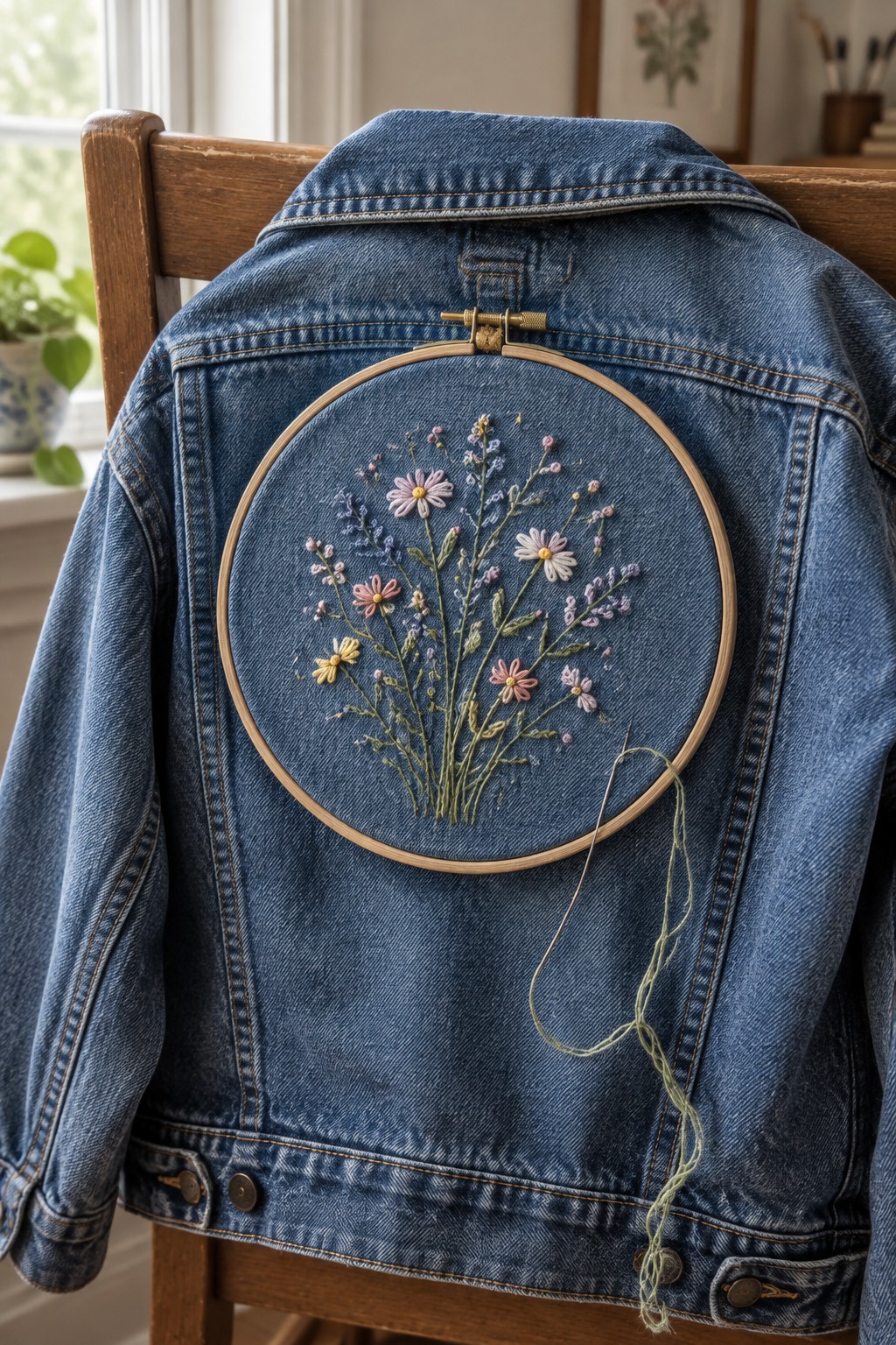 A denim jacket hangs on a wooden chair with a hoop holding a colorful wildflower bouquet embroidered on the back.