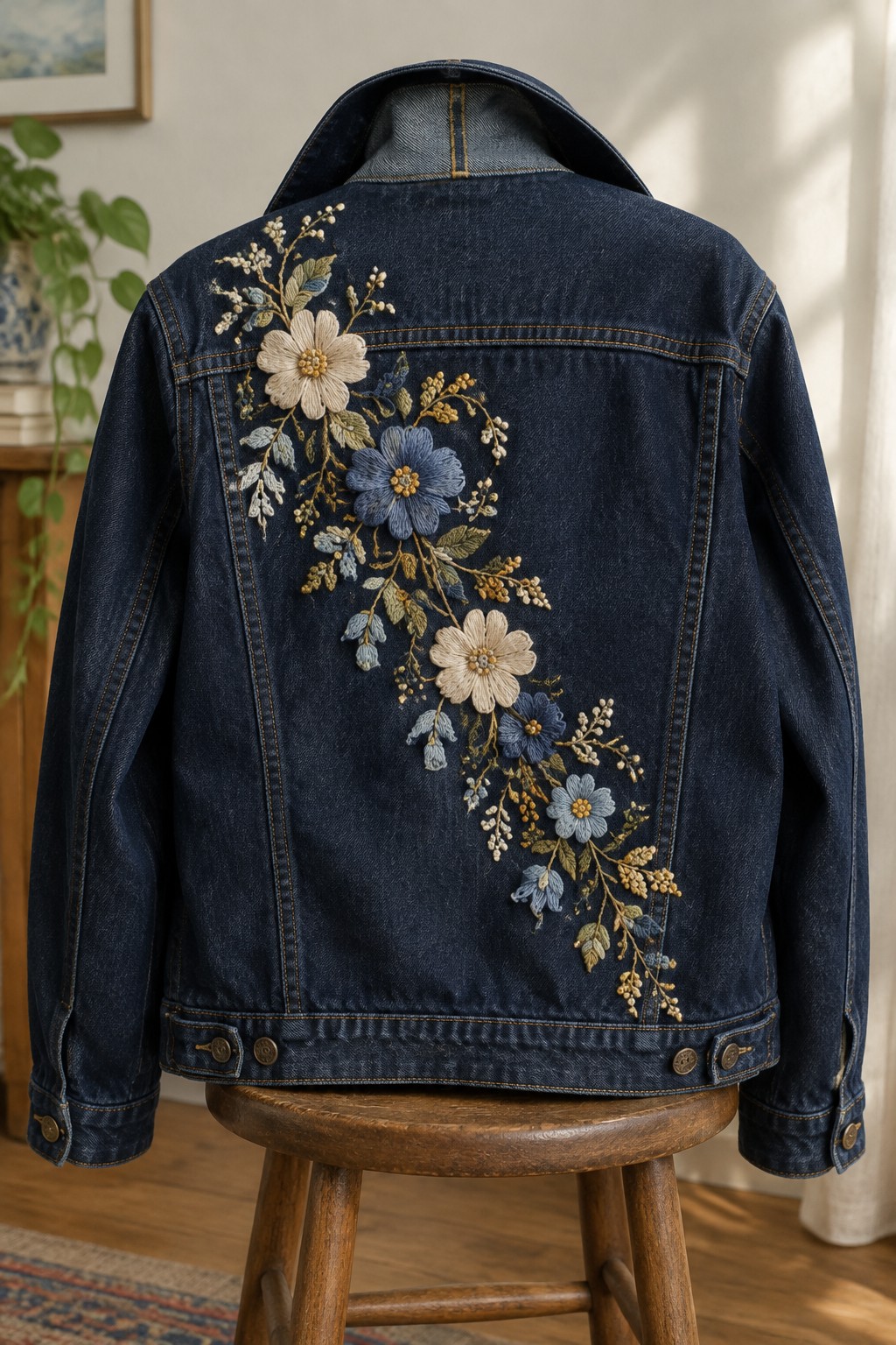 The back of a dark denim jacket embroidered with cream and blue flowers in a diagonal trail.