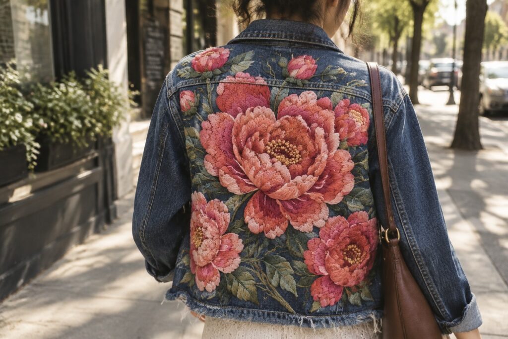 A woman wears a blue denim jacket with large pink flowers and green leaves embroidered across the back.