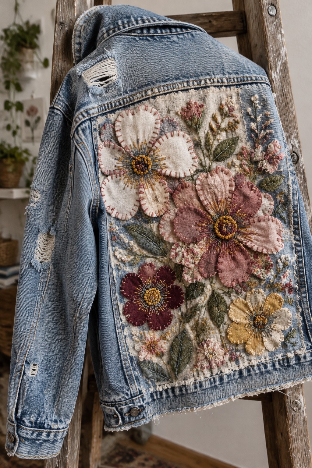 A blue denim jacket with a large rectangular panel of embroidered flowers and fabric petals on the back hangs on a wooden ladder.
