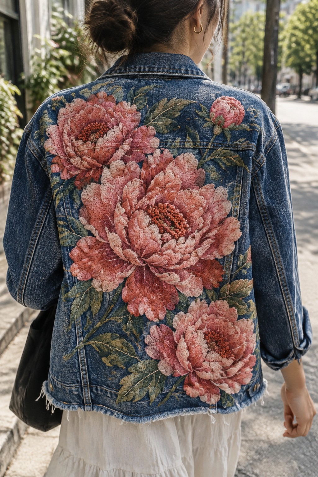 A woman wears a blue denim jacket with large pink flowers and green leaves embroidered across the back.