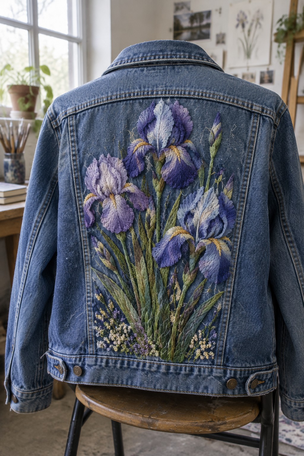 A denim jacket with a large purple iris bouquet embroidered across its back.