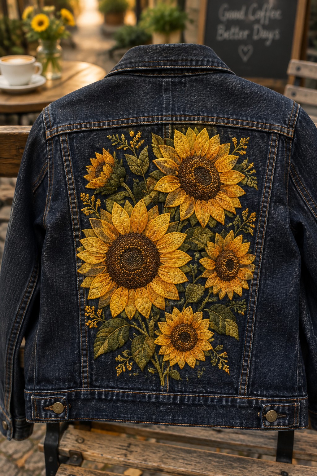 The back of a dark denim jacket embroidered with golden sunflowers and green leaves.