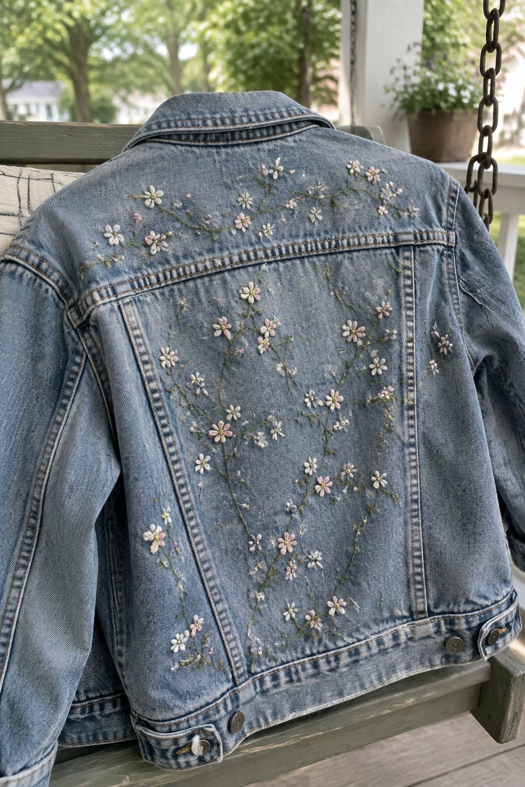 A blue denim jacket embroidered with small pink and white flowers connected by green vines across the back.