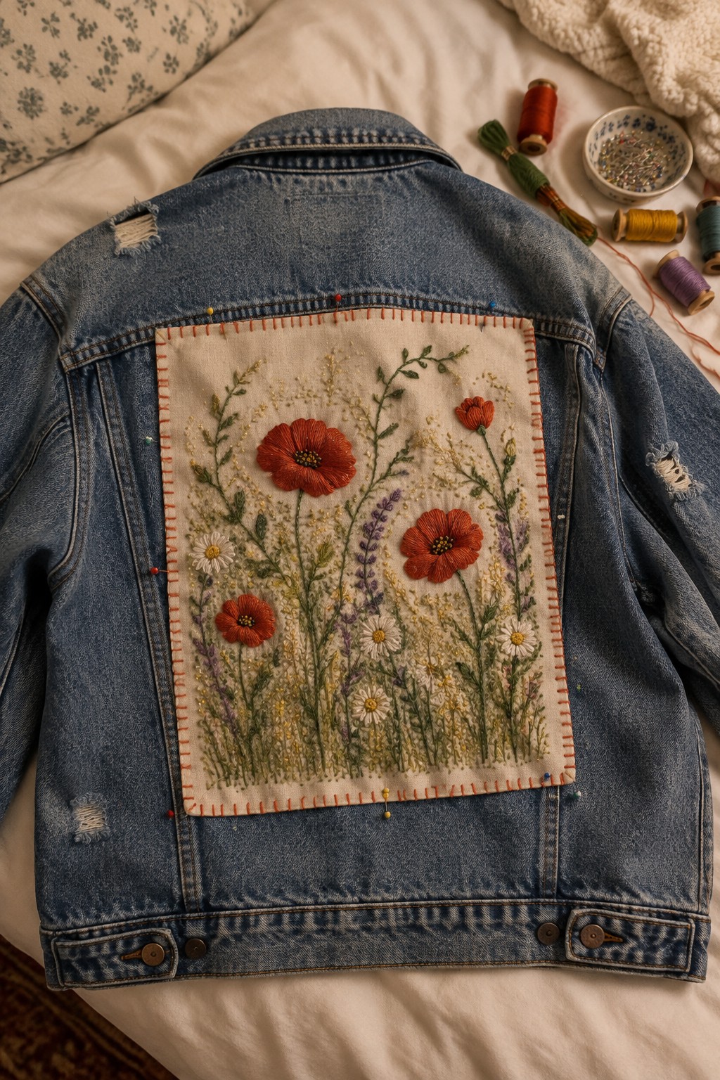 A denim jacket with a rectangular wildflower embroidery panel pinned to its back, with spools of thread and a pin dish nearby.