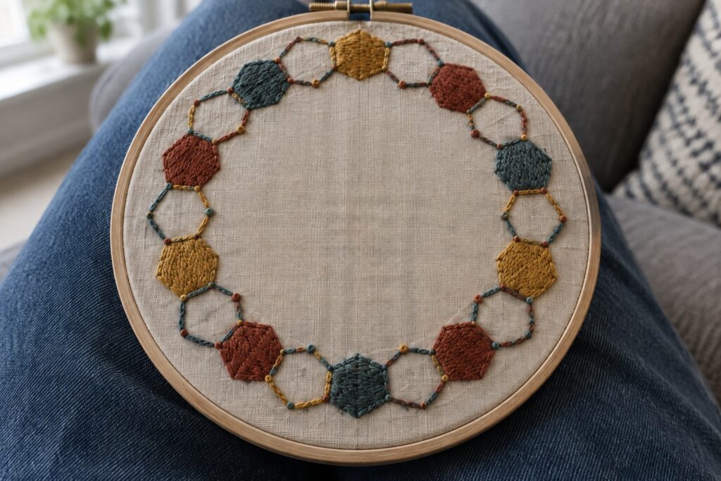 An embroidery hoop holds a cream fabric with a circular border of teal, rust, and mustard interlocking hexagons.