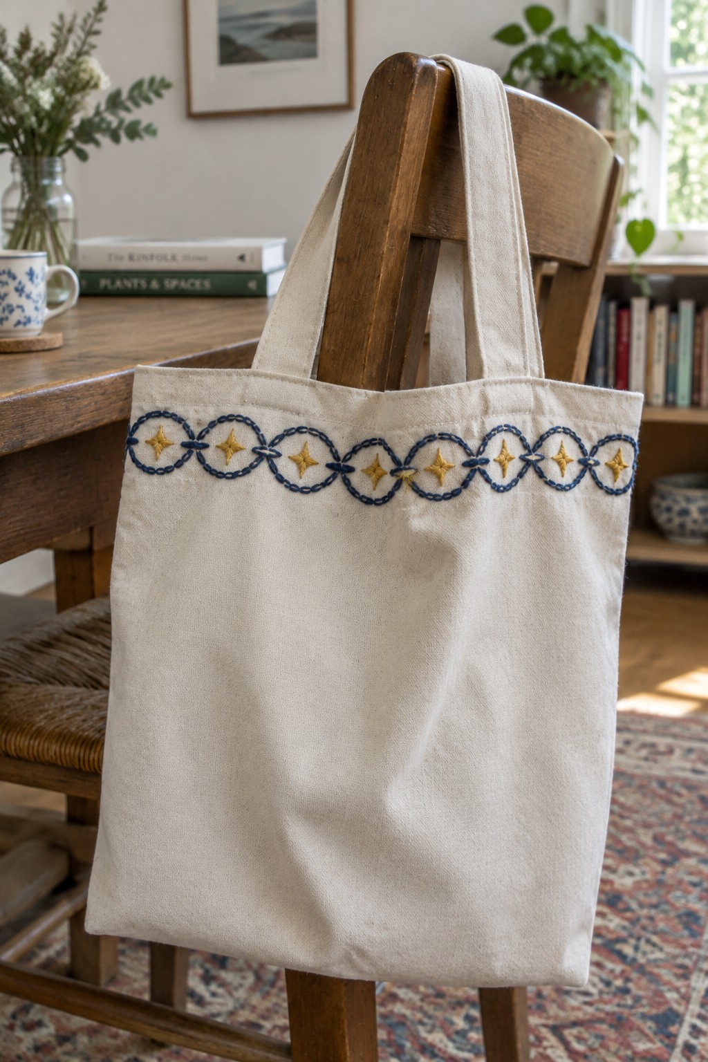 Natural canvas tote bag with a navy interlocking loop border and gold star motifs across the top.