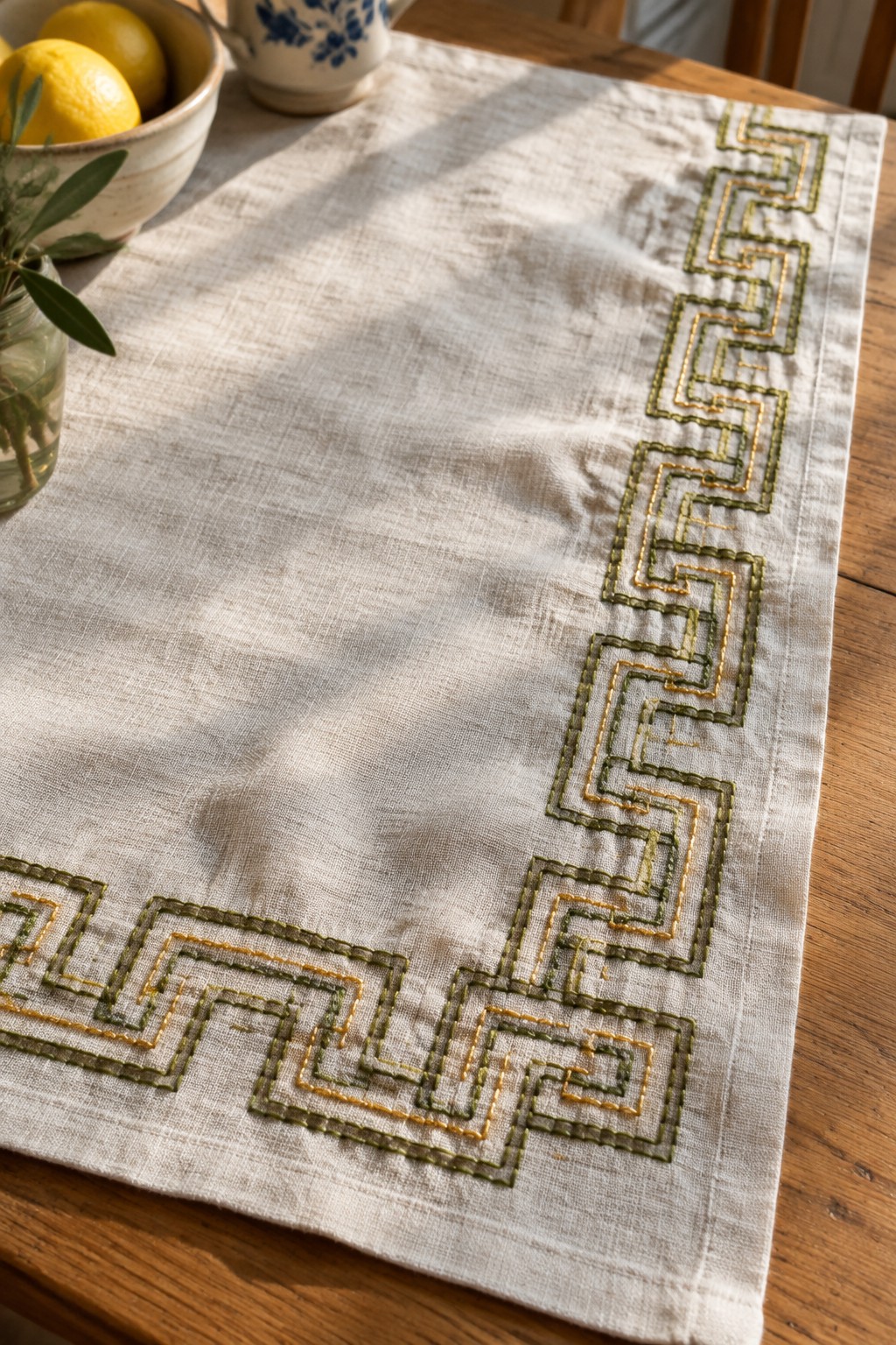 An ivory linen table runner with an olive and gold interlocking geometric border lies on a wooden table beside lemons and a small vase.