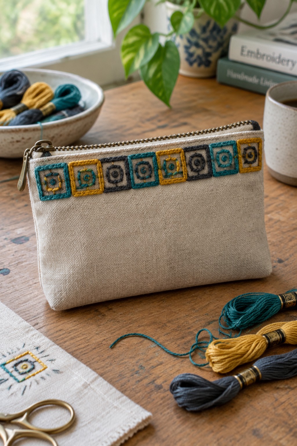 A linen zipper pouch with a teal, mustard, and charcoal interlocking square border beside embroidery floss and scissors.