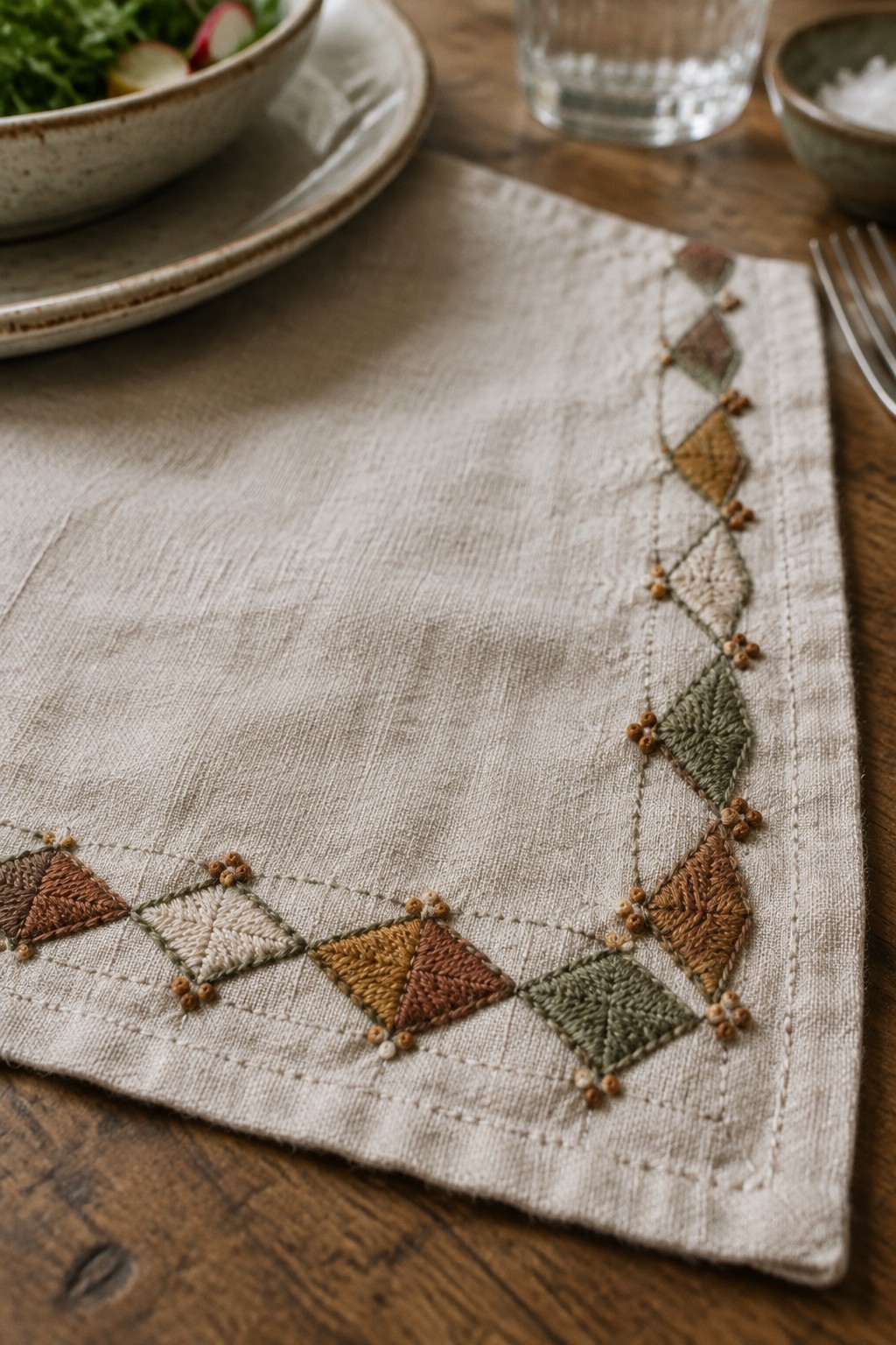 Embroidered geometric shapes in earthy colors form a border along the edge of a linen napkin on a wooden table.