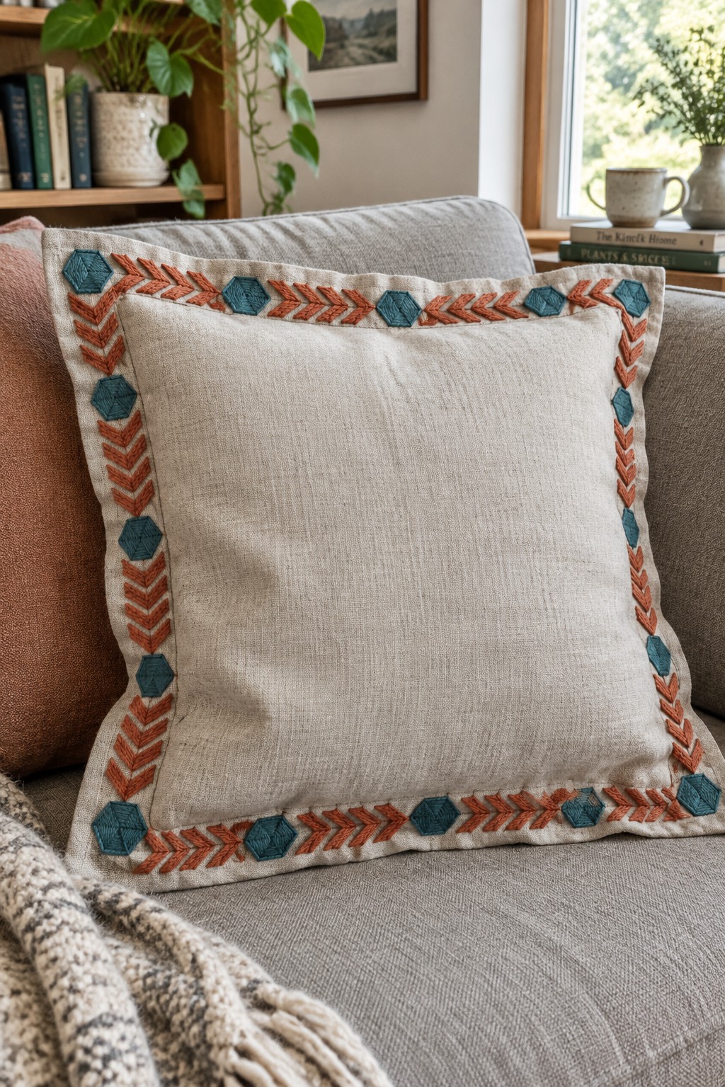A cream cushion with a border of teal hexagons and rust-colored chevrons sits on a gray sofa.