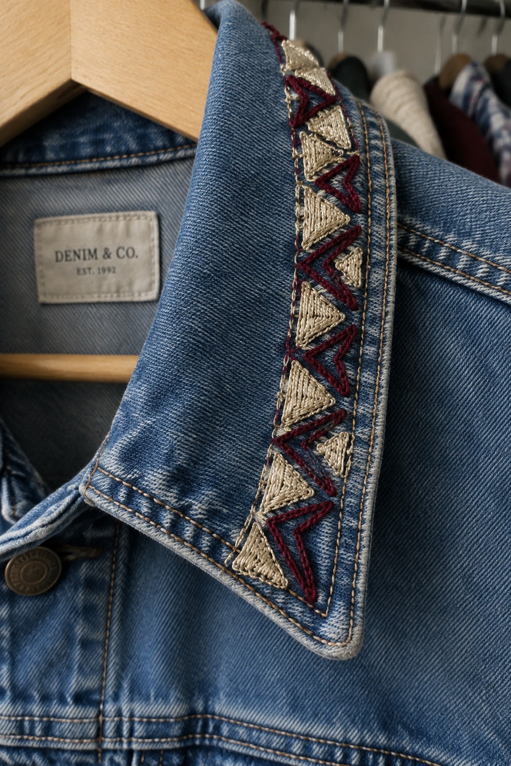 Blue denim jacket with a cream and burgundy geometric embroidered border along the lapel.