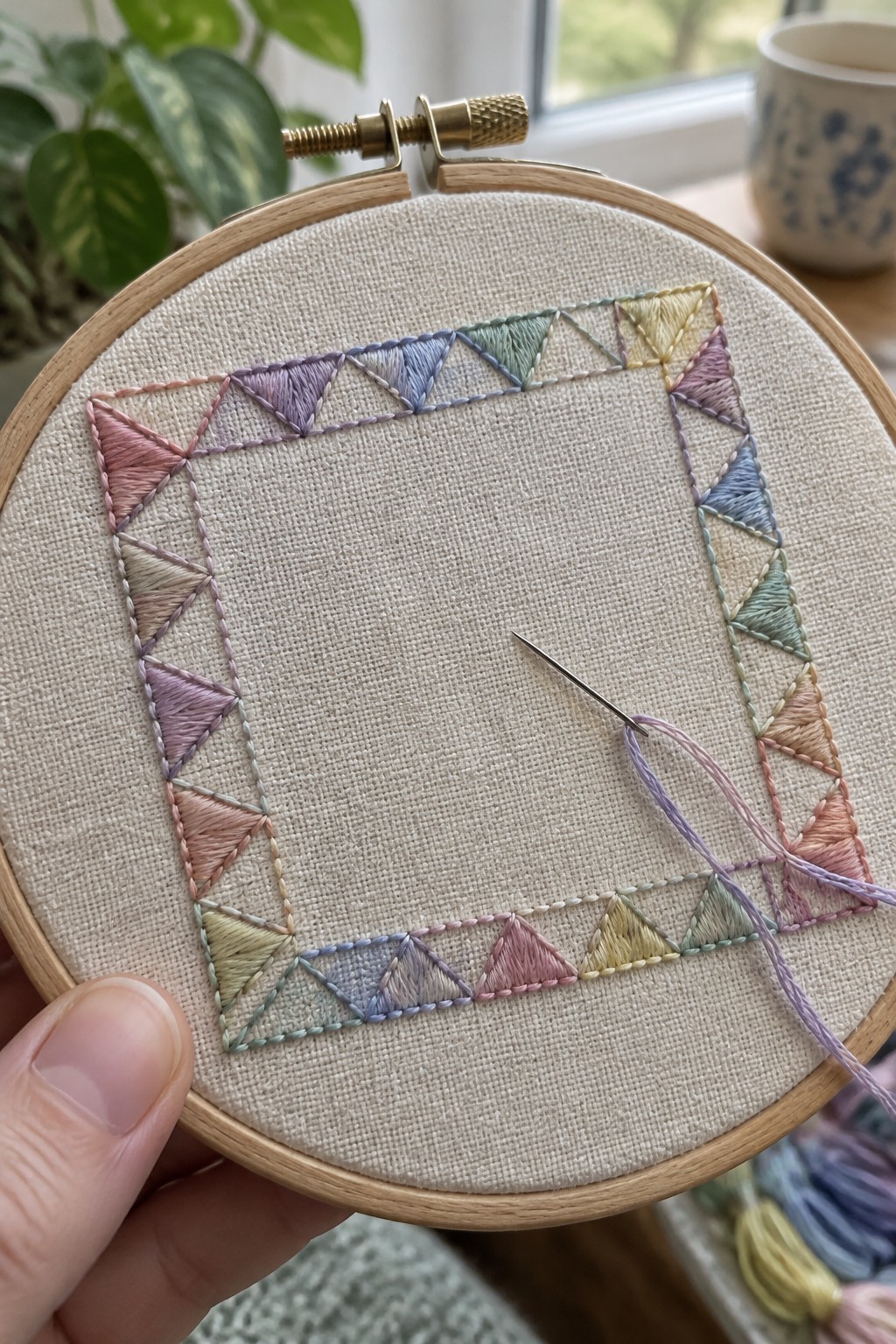 Pastel stitched triangles form a border around a square on fabric held in an embroidery hoop.