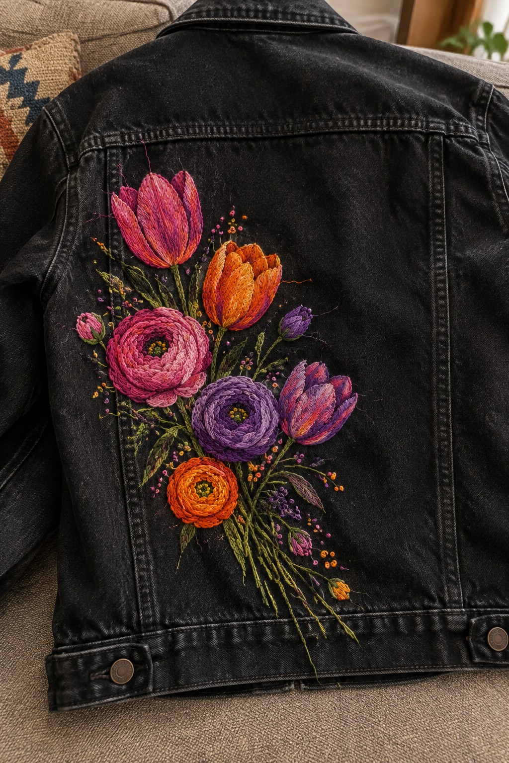 A black denim jacket with a cluster of embroidered pink, orange, and purple flowers on the back.