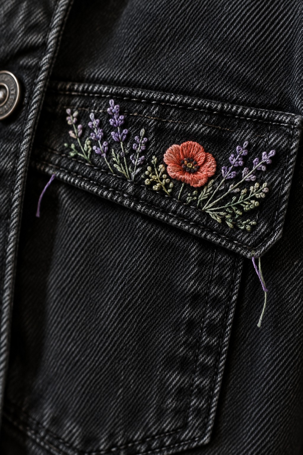 A black denim jacket pocket flap embroidered with a coral flower, purple sprigs, and green stems.