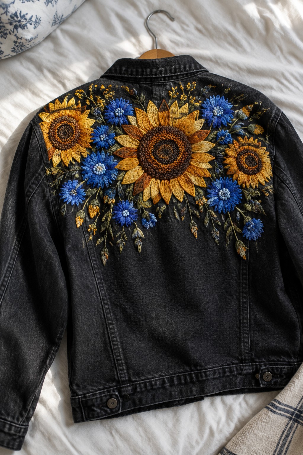 Black denim jacket with embroidered yellow sunflowers, blue flowers, and green stems across the upper back.
