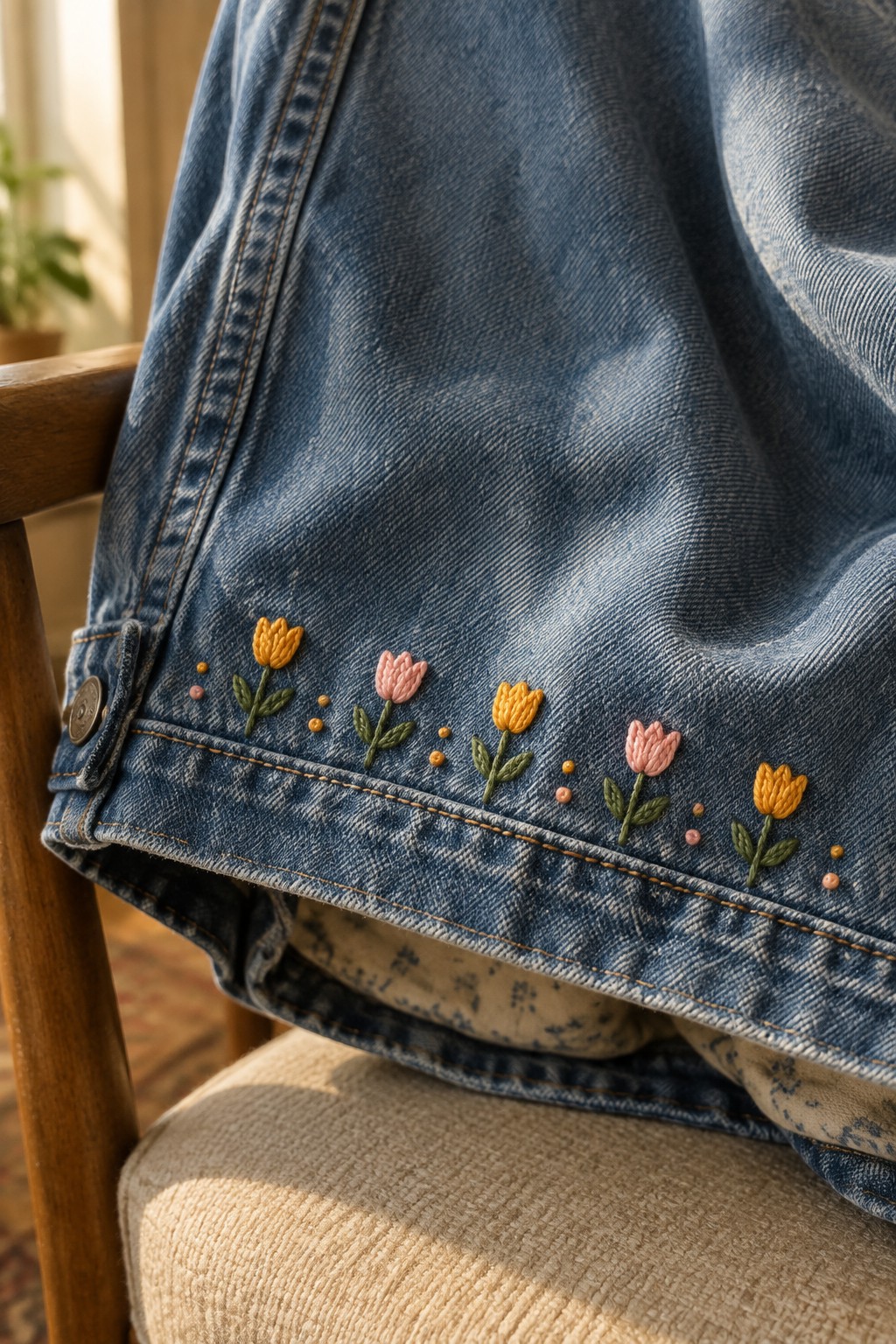 A denim jacket draped over a chair has small pink and golden embroidered flowers with green stems stitched in a row above the lower hem.