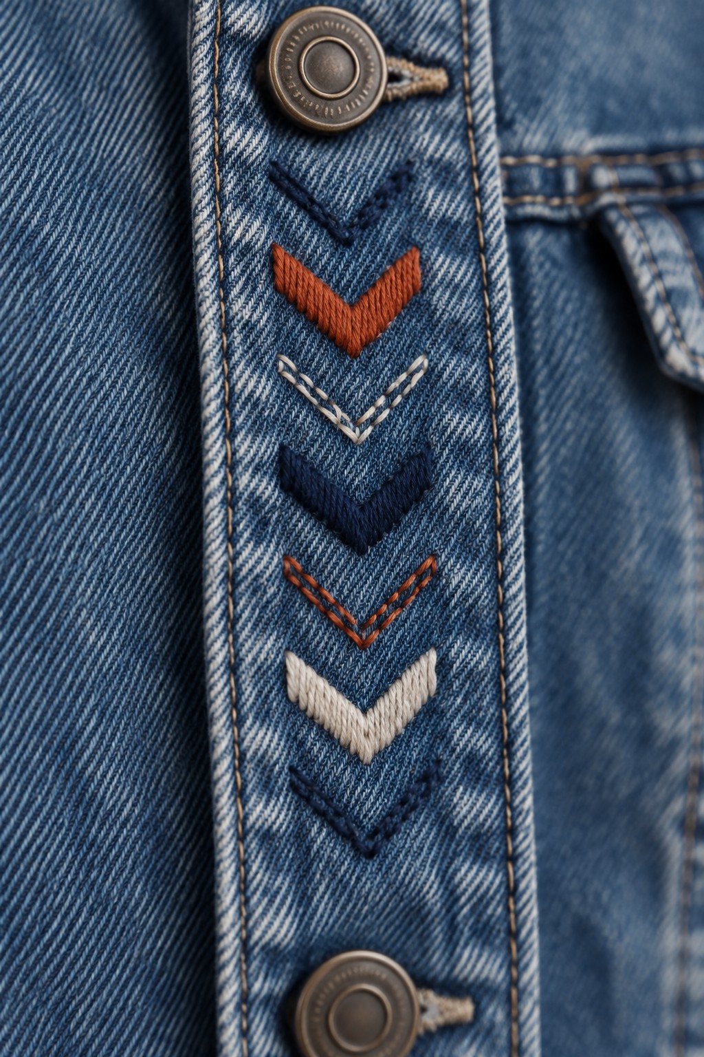 Close-up of a denim jacket placket with a vertical row of embroidered chevrons in navy, rust, and cream thread between two metal buttons.