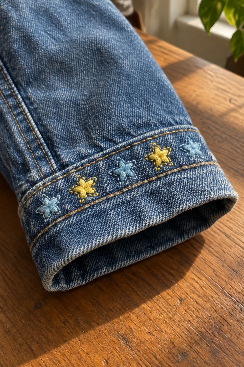 Folded blue denim cuff embroidered with small yellow and pale blue flowers.