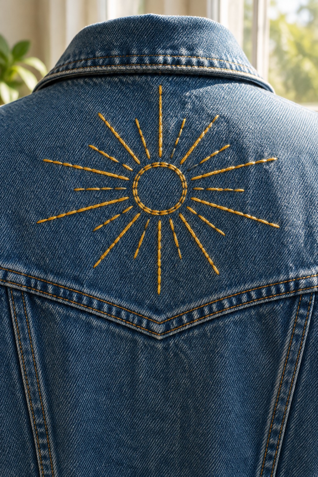 A golden stitched sunburst decorates the back yoke of a blue denim jacket.