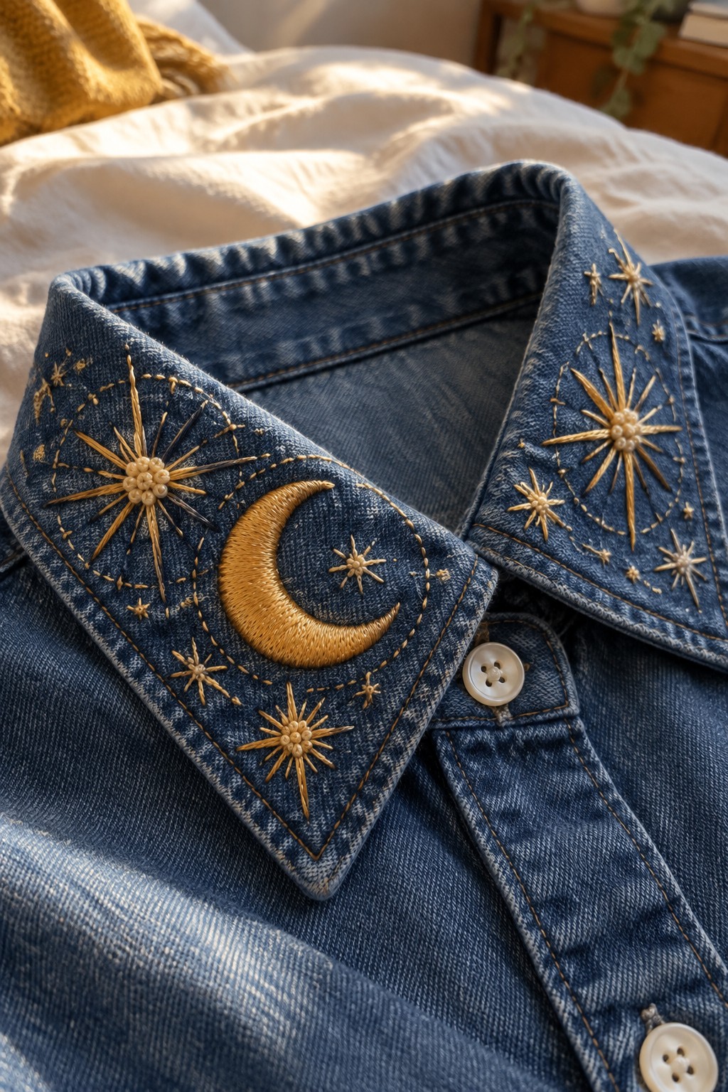 A blue denim shirt collar embroidered with a gold crescent moon and starbursts.