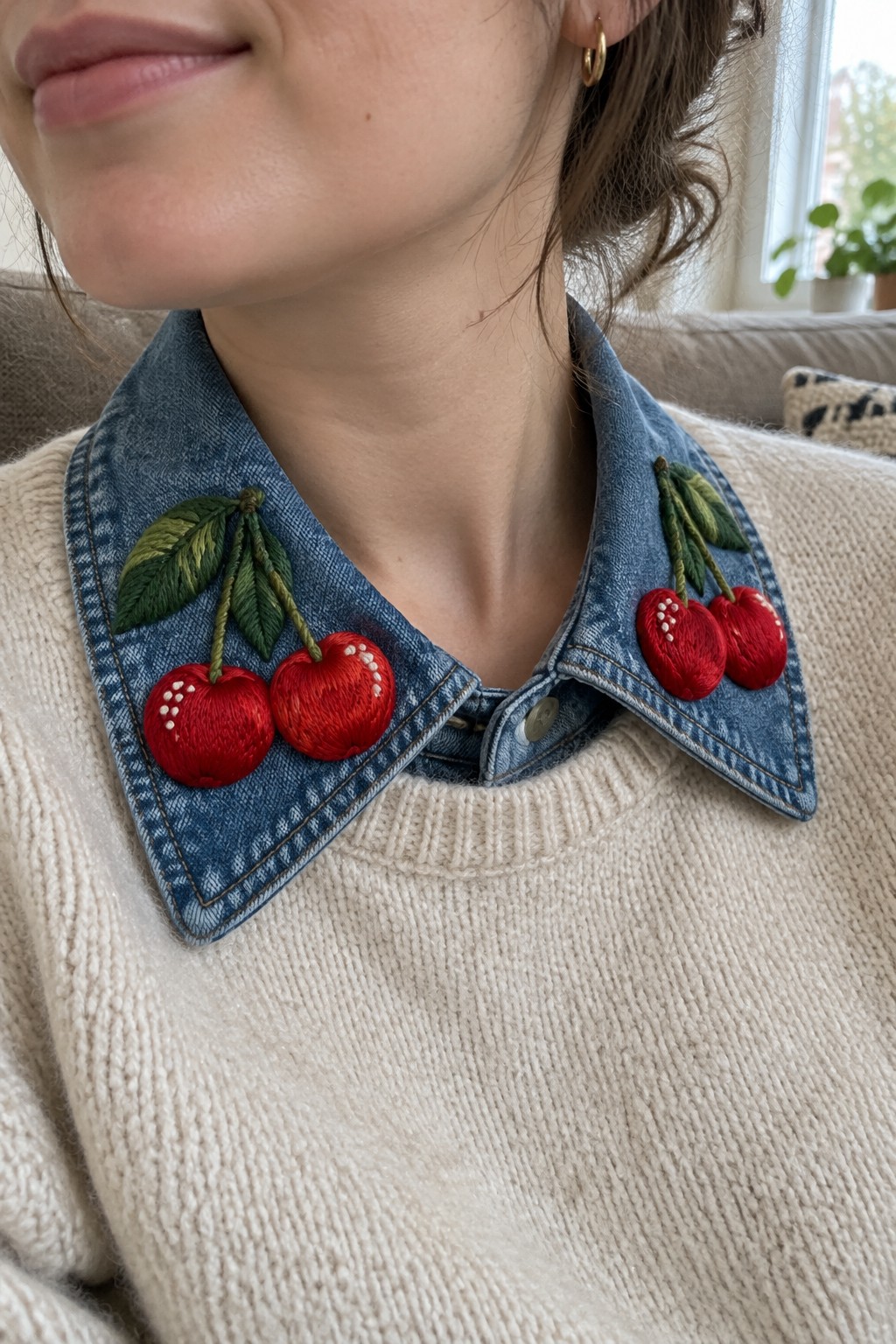 A person wears a cream knit sweater with a denim collar embroidered with red cherries and green leaves.