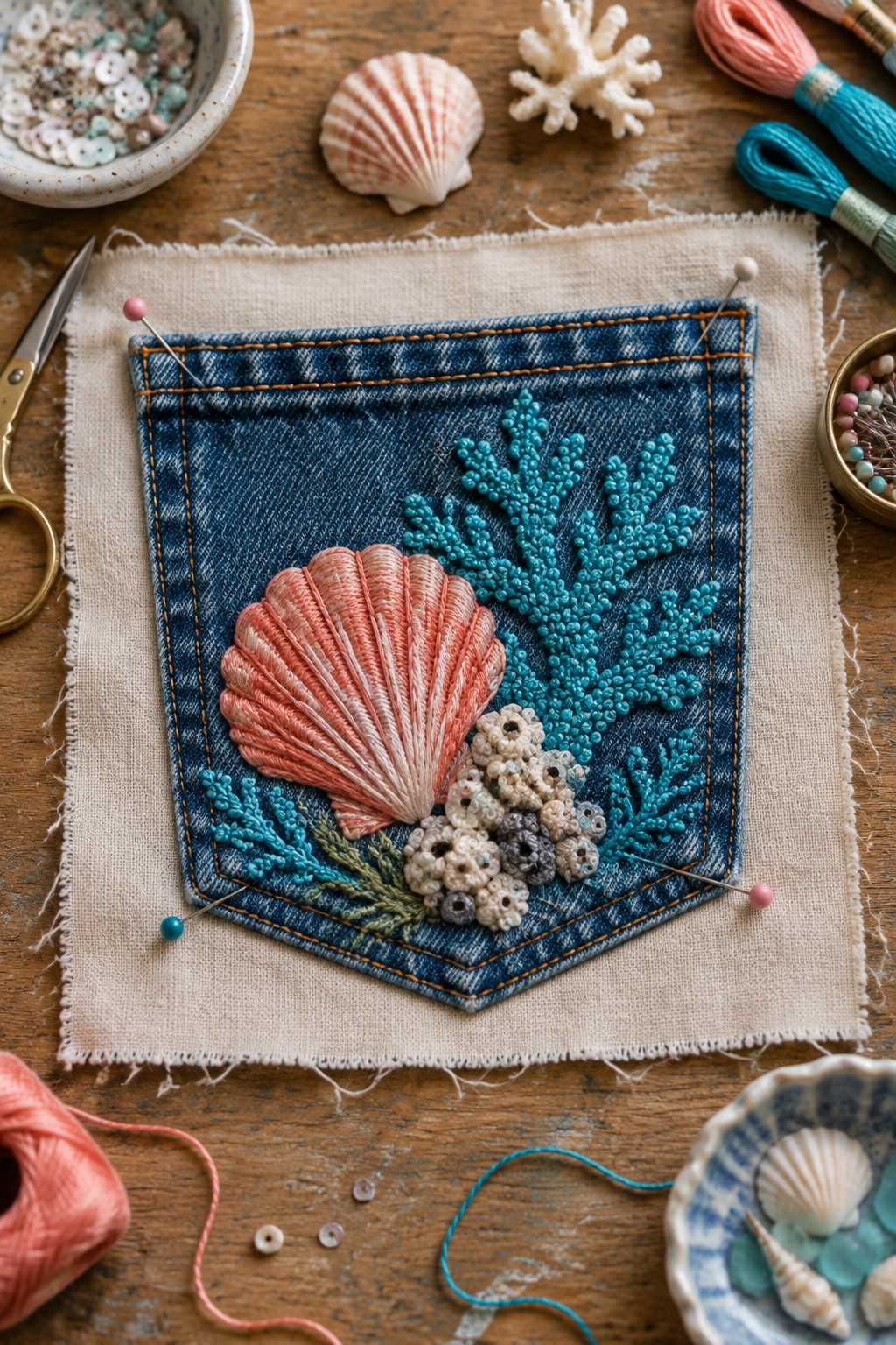A denim pocket embroidered with a coral-colored shell, turquoise seaweed, and pale clustered beads on linen.