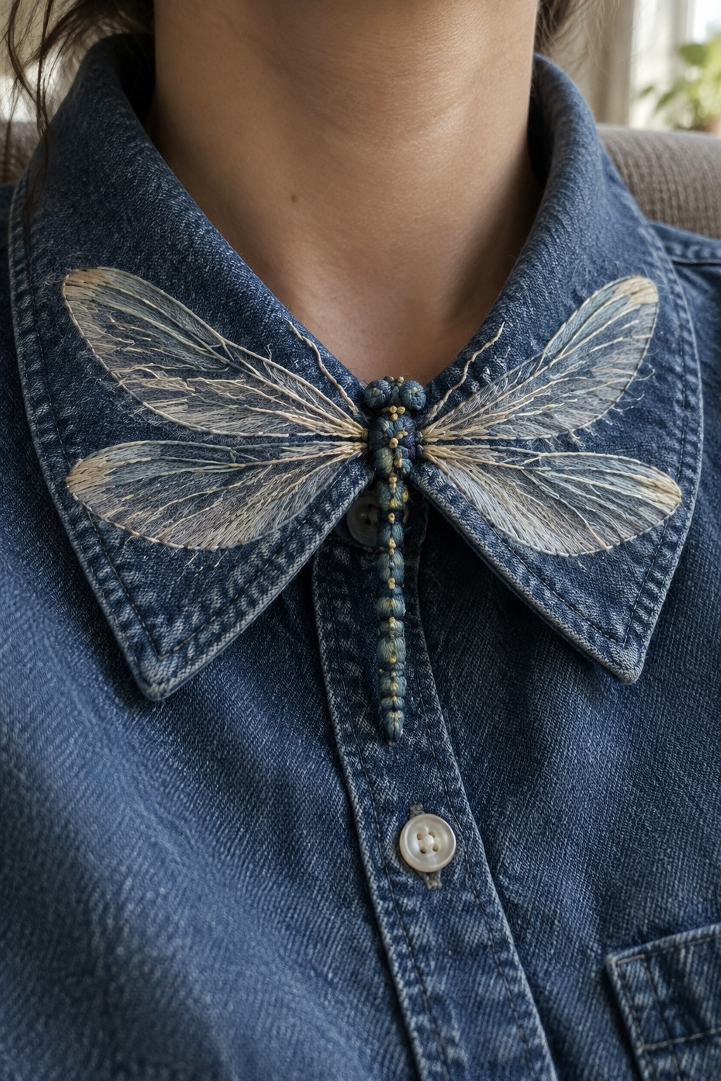 A large blue-and-gold embroidered dragonfly spans the collar of a denim shirt.