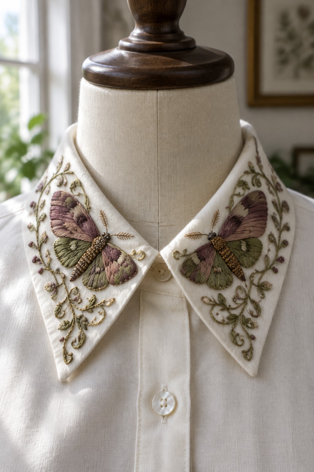 White shirt on a dress form with embroidered butterflies and floral vines on both collar points.