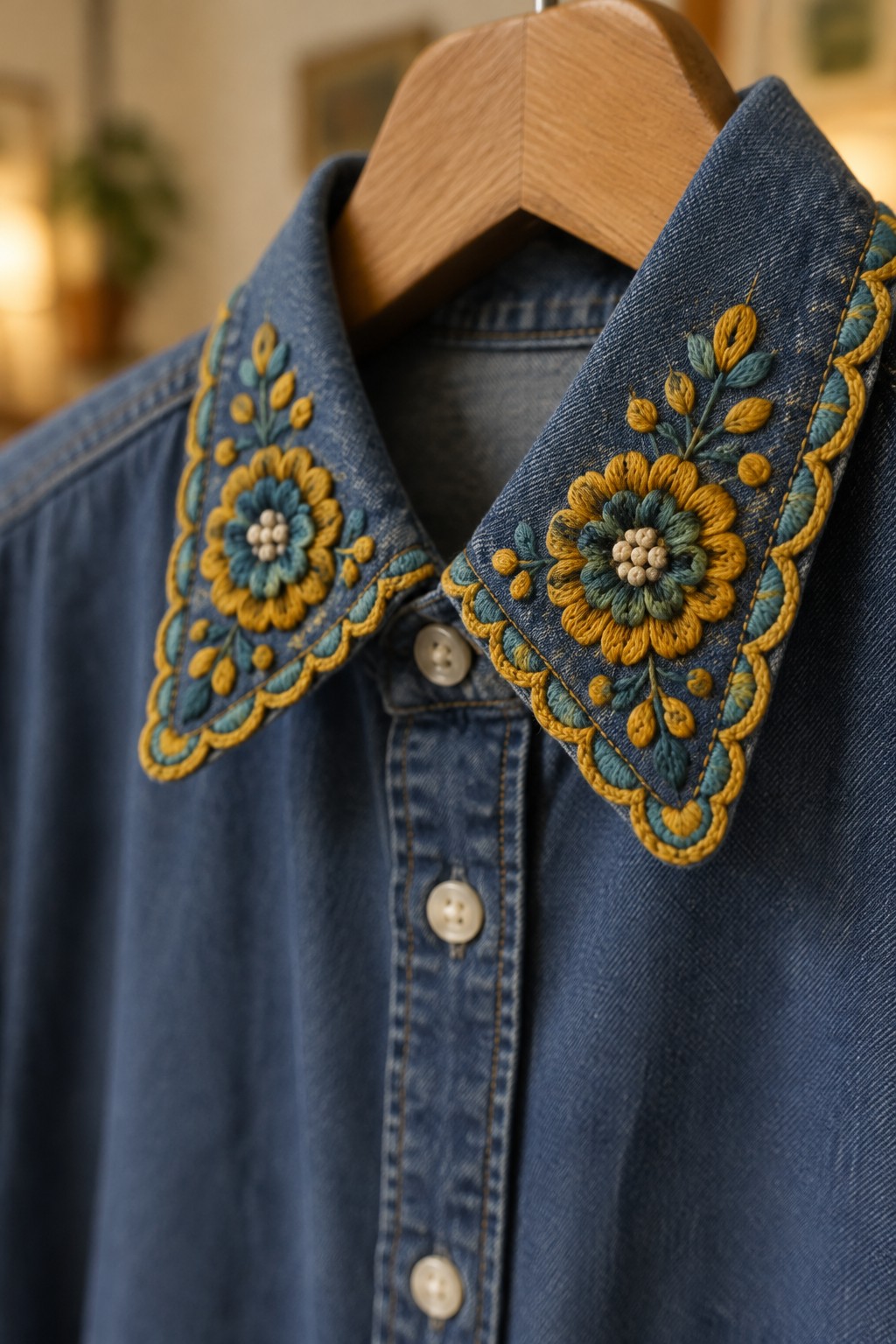 A blue denim shirt on a wooden hanger with yellow and teal floral embroidery and scalloped edging on its pointed collar.