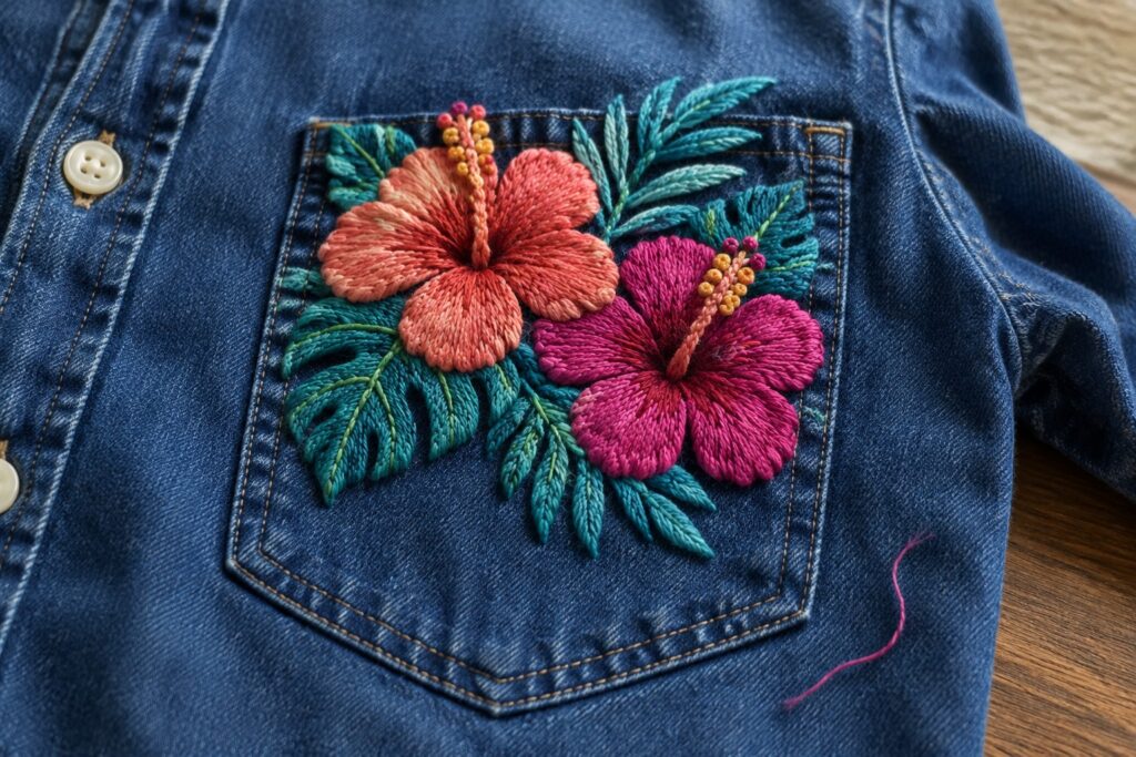 19 Bold Denim Shirt Embroidery Designs for Pockets and Collars Coral and magenta hibiscus flowers with teal leaves embroidered across the pocket of a blue denim shirt.
