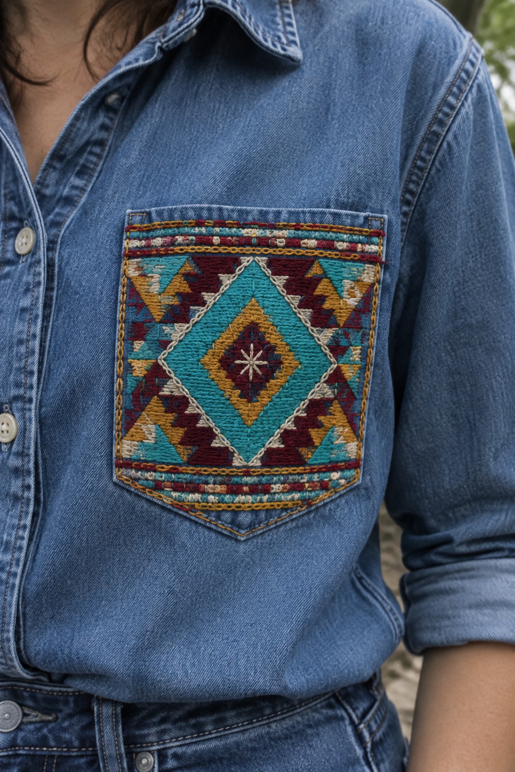 A colorful geometric embroidered pattern covers the pocket of a blue denim shirt.