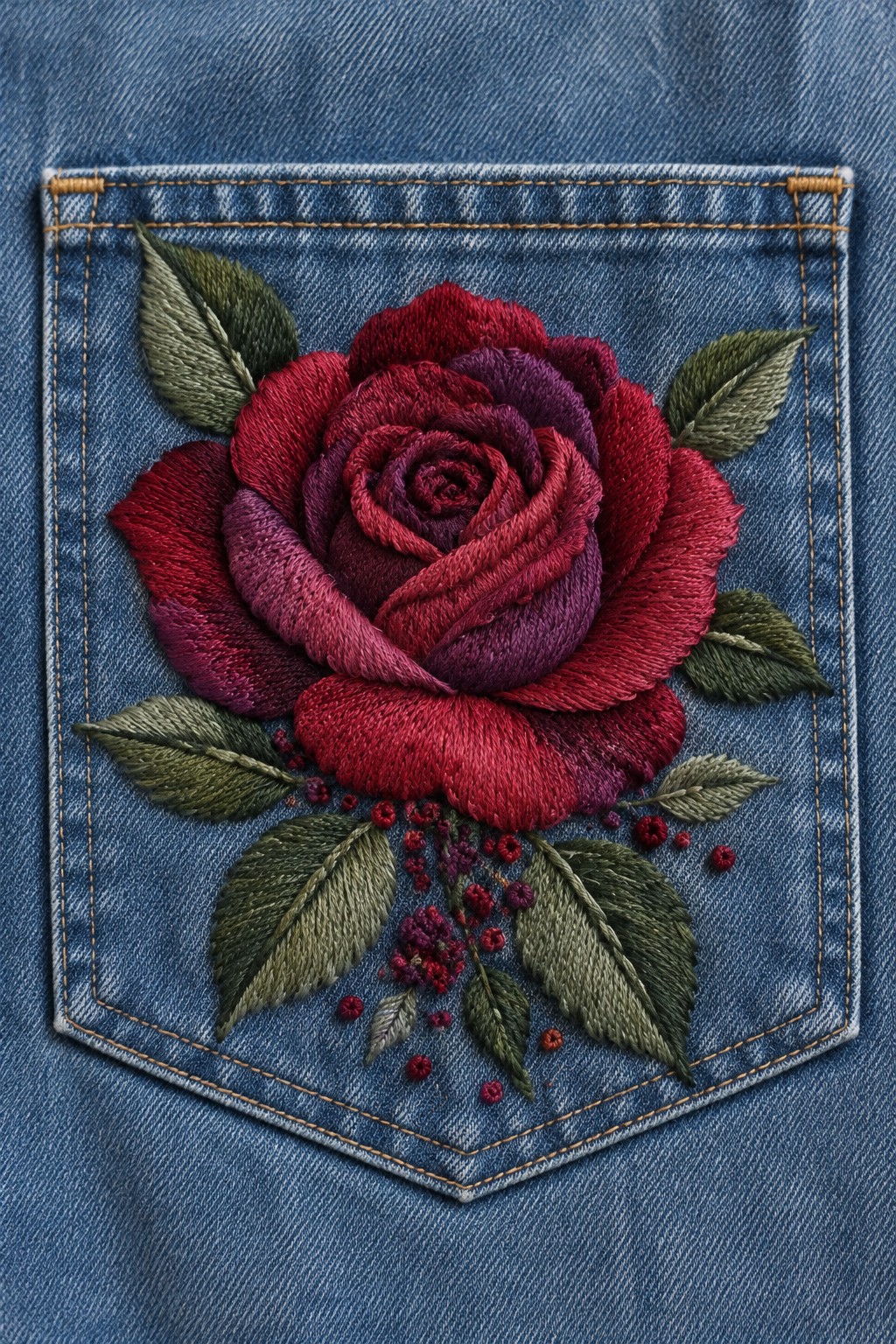 A red and purple embroidered rose with green leaves and small buds decorates a blue denim pocket.