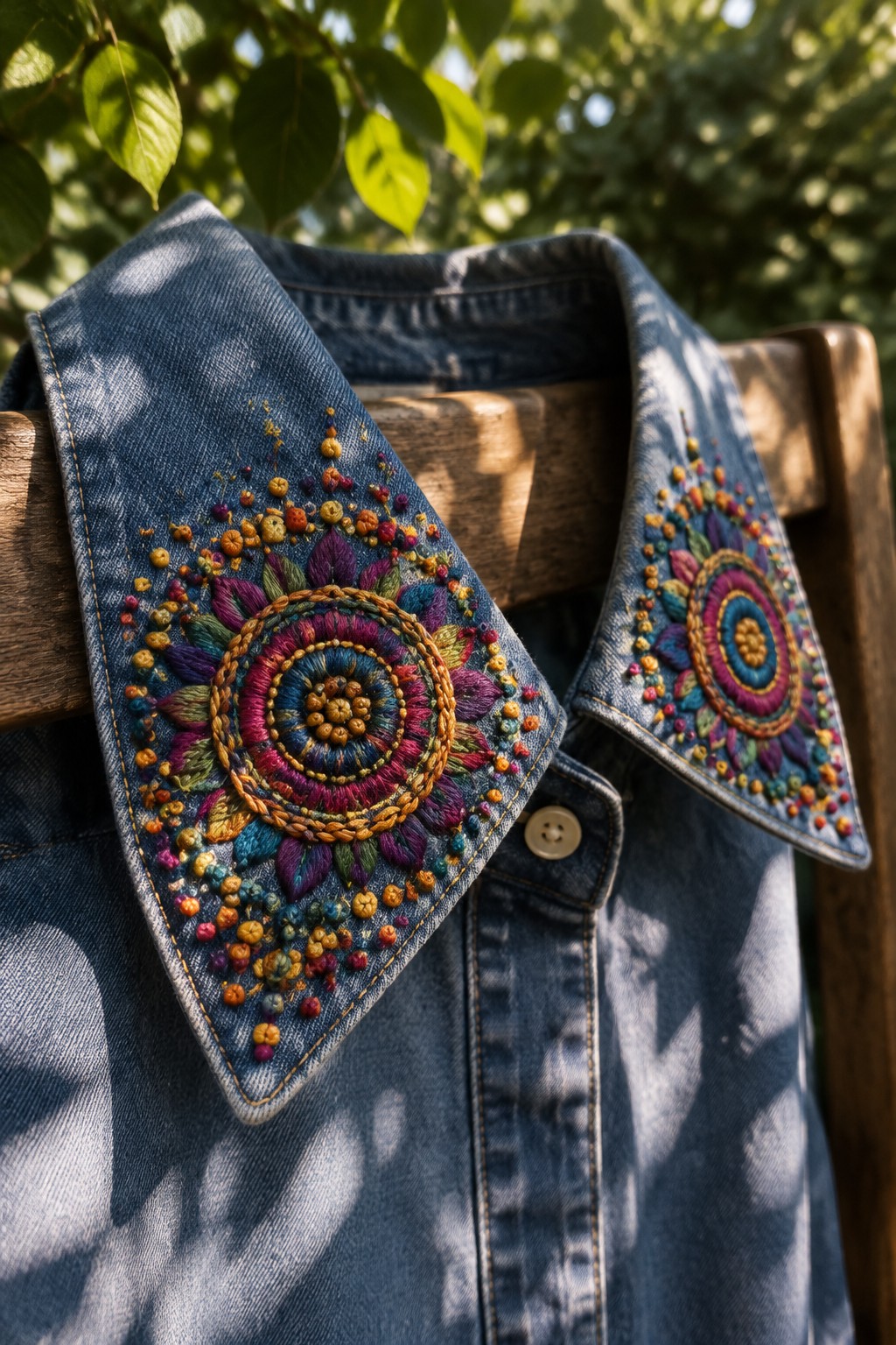 A denim shirt hanging on a wooden chair, with colorful mandala embroidery on both collar tips.