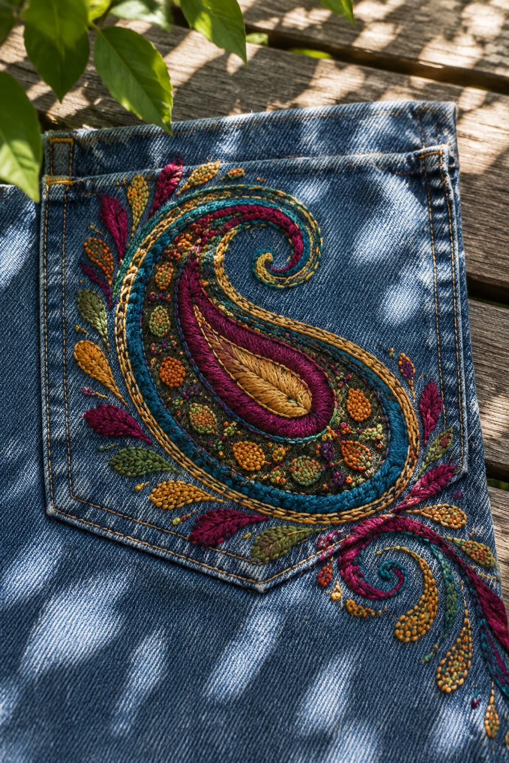Colorful paisley and leafy embroidery decorates a denim shirt pocket.